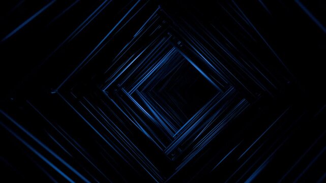 Dark blue square corridor formed by repeating rectangular frames with fast speed motion effect. Seamless loop animation of moving through endless tunnel on a deep black background. 3D render 4K 60fps