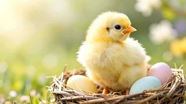 Fluffy yellow chick standing in a decorative bird nest with colorful eggs. Baby bird for Easter celebration. Nature wildlife scene representing spring season life.