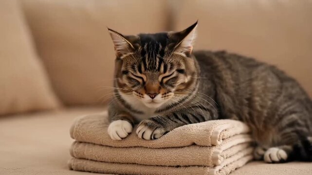 Relaxed Tabby Cat Resting Comfortably on Stacked Towels Indoors.