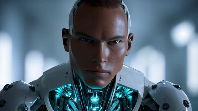 Futuristic robot sits calmly at a glowing table