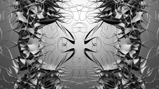 Looped abstract background with flowing silver patterns made of intertwined smooth metallic curves. Symmetrical fractal form animation with reflective surfaces and wave motion effect. VJ Loop 4K 60fps