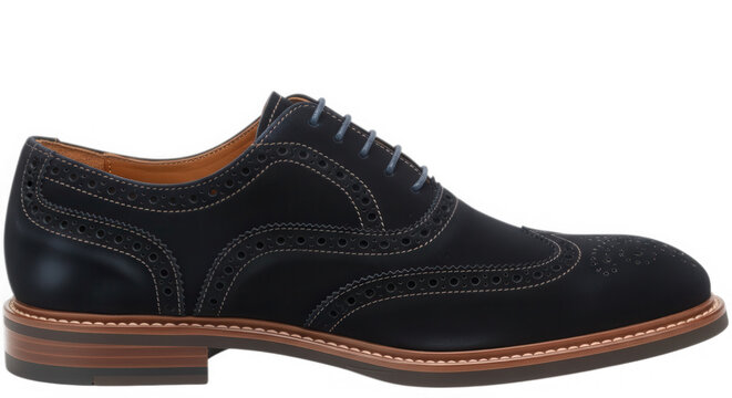 A black leather brogue dress shoe with brown sole isolated on transparent background