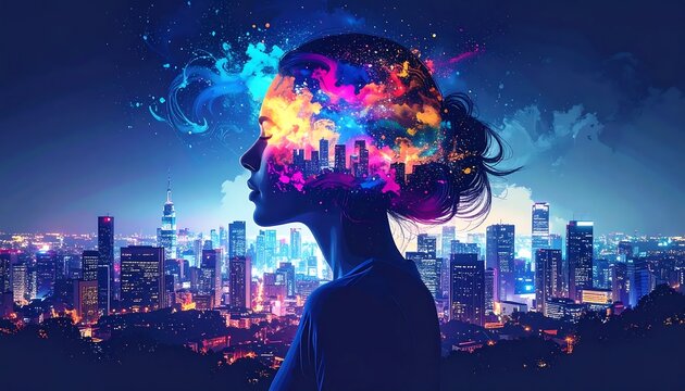 Mindscape - A Womans Silhouette Merging with City Lights and Cosmic Thoughts.