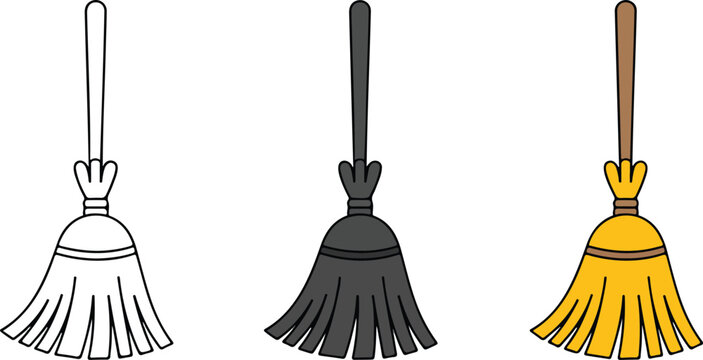 Minimal broom cleaning tool icon set with outline dark gray and yellow variations household vector illustration