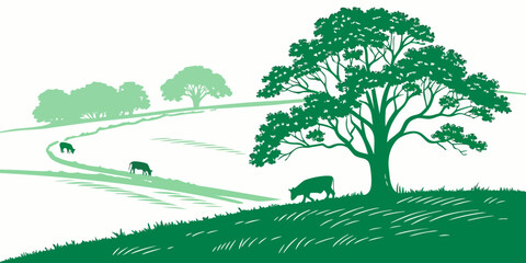 Serene countryside landscape with grazing cattle under a majestic tree in a lush green pasture, minimalist flat illustration. © NAHID 