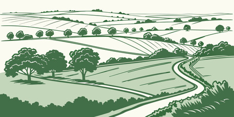 Aerial view of a serene green valley farmland with rolling hills, trees, and a winding road in a minimalist flat illustration style. © NAHID 