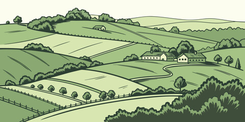 Serene green valley farmland aerial view with rolling hills, trees, and farmhouse, conveying a sense of peace and tranquility. © NAHID 