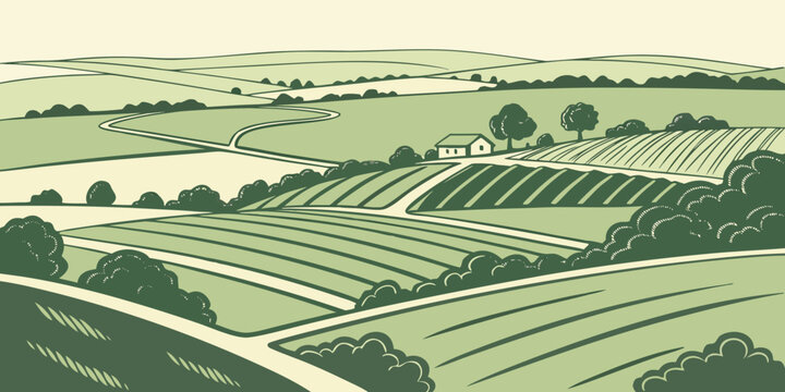 Aerial view of a serene green valley farmland with rolling hills, trees, and a house in the distance, minimal flat illustration.