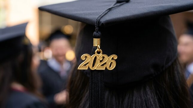 Graduation cap with 2026 tassel charm on black graduation hat