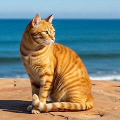 Obraz premium Orange Tabby Cat Sitting on Rock Beach by Ocean