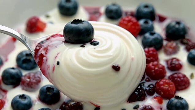 Premium 4K macro food footage showing yogurt blended with berry jam swirling on spoon featuring curd cream textures fruity topping and uncompressed high quality visual