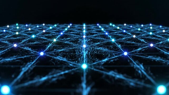 Dynamic visualization of a digital network with glowing data points, illustrating concepts of AI, big data, global connectivity, and advanced technology for efficient information exchange.