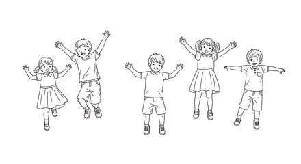 A group of happy children jumping up in the air with excitement and joy isolated on white background