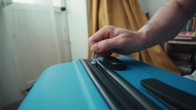 Man's hand closing a zipper on a black travel suitcase, preparing for a journey.