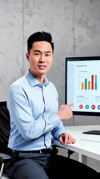 Focused businessman analyzes a complex financial report on his computer screen demonstrating data analysis and strategic decision-making in a modern office setting