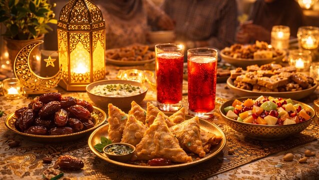 Traditional Ramadan Iftar Table with Samosas, Dates, Fruit Chaat and Rooh Afza Drinks under Glowing Lanterns