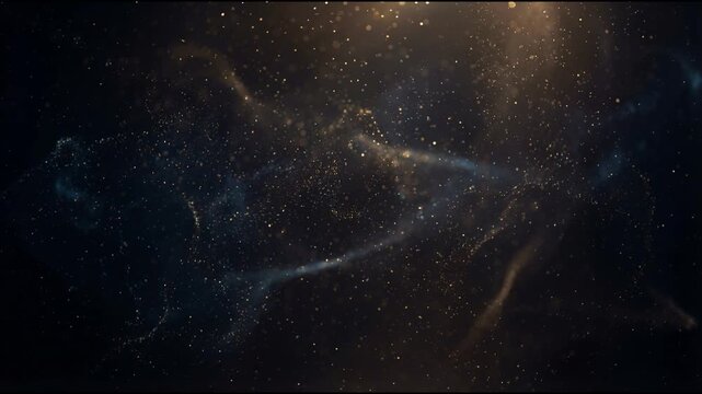 Gold particle background with golden and pale blue dust drifting through deep cosmic blue black space creating calm cinematic depth gentle parallax and elegant motion