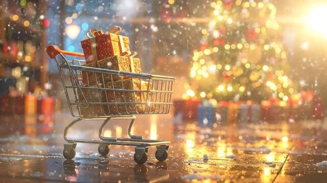 A shopping cart filled with Christmas gifts stands in front of a decorated Christmas tree.