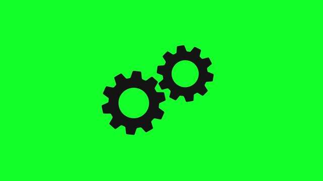 Two black gears spinning on green screen, mechanical  gear rotating icon, industrial gear rotating sign animation 4K
