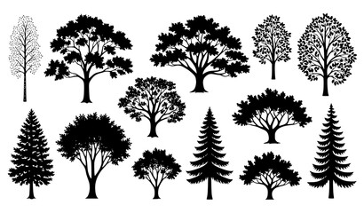 Obraz premium Beautiful black tree silhouette vector collection minimalist forest nature art isolated on white background