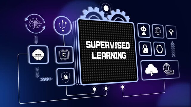 Futuristic supervised learning interface for smart machine learning tutorials, digital data classification and global tech growth