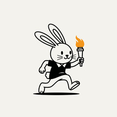 Cartoon Rabbit Running with Olympic Torch, Symbolizing Speed, Victory, and Competition