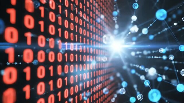 Futuristic matrix code tunnel with binary numbers and molecular connections
