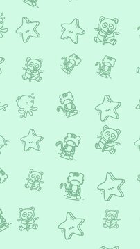 Video footage, animal doodles pattern adorn a light green vertical background with repeating panda, tiger, star, and octopus drawings.