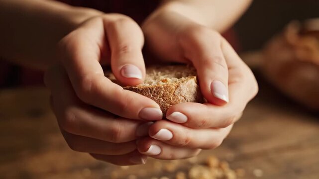 Woman's hands breaking fresh baked bread