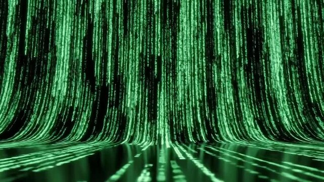 Digital matrix tunnel with green code streaming down, creating futuristic digital tunnel effect