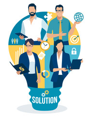 Obraz premium Solution. Idea. Team shown in a silhouette in the shape of a light bulb. Business vector illustration. 
