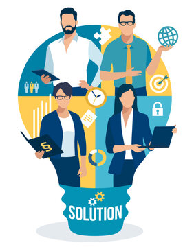 Solution. Idea. Team shown in a silhouette in the shape of a light bulb. Business vector illustration.

