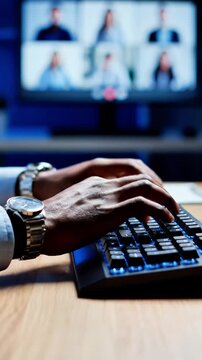 Focused professional typing on a keyboard in a dimly lit office environment illuminated by data visualizations displayed on a large monitor screen cybersecurity concept