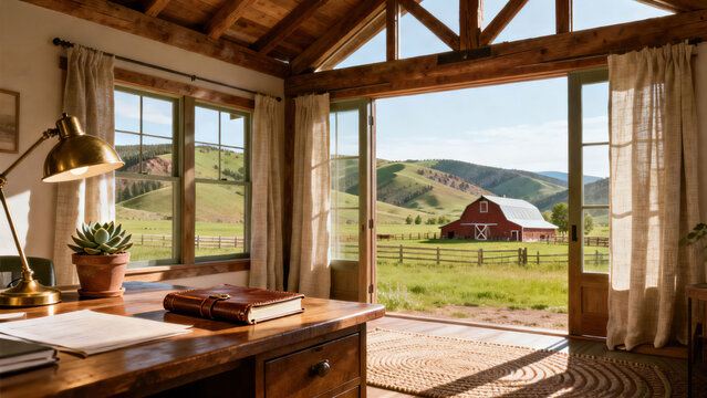 Cozy rustic home office with a view of a red barn and rolling green hills,digital background, zoom backdrop, ms teams background, virtual background, digital meeting background
