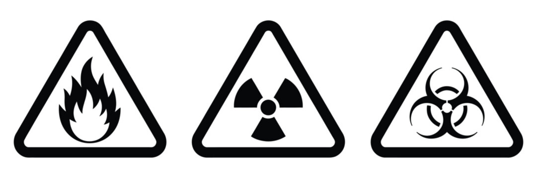 Hazard symbols flammable radioactive biological danger signs. Vector icon set of black and yellow warning symbols representing chemical, biological, and fire hazards, ideal for safety manuals, 