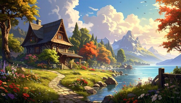 Cozy wooden cottage by serene lake with autumn trees and snowy mountains in fantasy landscape