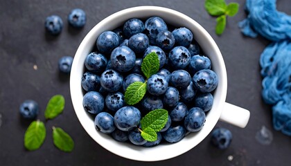 Overhead view of blueberries in a white bowl, garnished with mint leaves, on a dark surface with a blue cloth