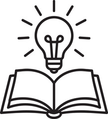 Lightbulb shining over open book outline icon representing early childhood reading education and creative learning development concept