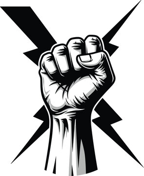 Raised Fist Silhouette Illustration Vector Featuring Lightning Bolts, Protest Symbol, Empowerment Icon, and Marketplace Success for Creative Projects