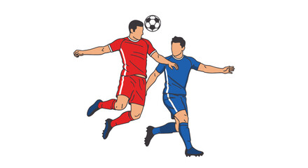 Obraz premium Two Male Soccer Players Competing for a Header, One Jumping for the Ball, on a Bright Studio Background