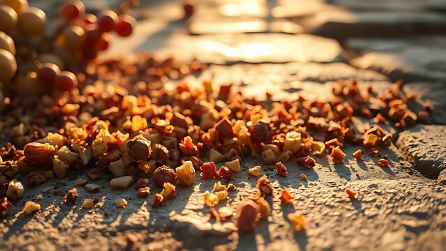 pomace. Dried grape pomace fragments scattered on sunlit stone slabs. menu design, packaging mockups, designed for culinary blogs and recipe cards for restaurants, used by videographers.