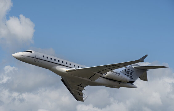 Geneva, Switzerland - februar 22, 2026 :  sign and logo on an Bombardier Global 6000 of Glock Aviation take off from Geneva Airport