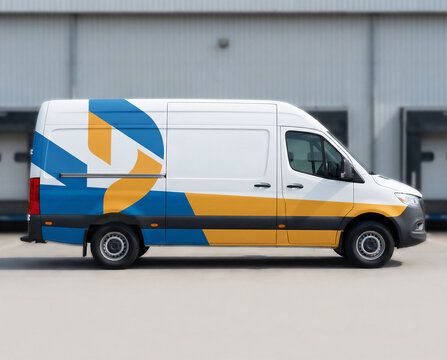 High-quality side profile of a contemporary white commercial delivery van, prominently displaying a vibrant custom blue and yellow graphic design, making it an excellent visual asset for showcasing lo