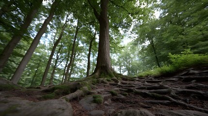 Fototapeta premium A low angle view of a forest path winding through prominent gnarled tree roots under a canopy of green leaves
