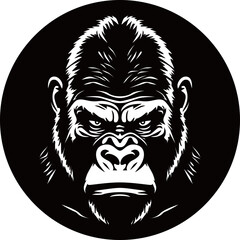 Stylized black and white illustration of a fierce gorilla head in a circle, powerful animal portrait © SWaliyah