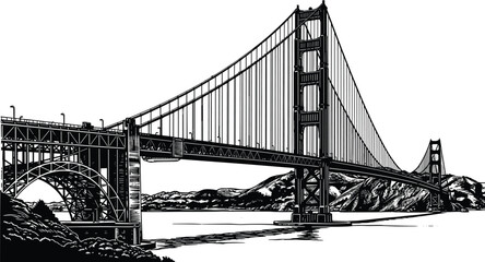 Fototapeta premium Golden Gate Bridge San Francisco Landmark Vector Illustration, Famous Suspension Bridge Over Water with Mountains, CAD Drawing Flat Vector Illustration