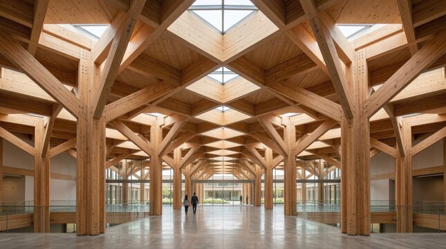 Symmetrical interior space of mass timber building with exposed CLT beams columns and structural wood ceiling demonstrating regenerative sustainable architecture