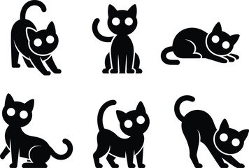 Obraz premium Set of cute cat silhouettes cartoon pet animal vector icons kitten character collection domestic feline illustration isolated on light background