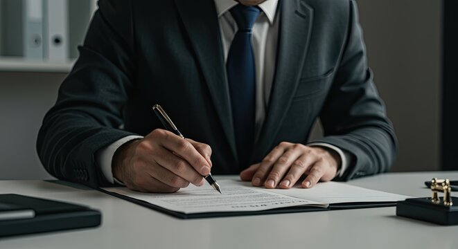 Professional in formal suit writing on paper with pen in office environment