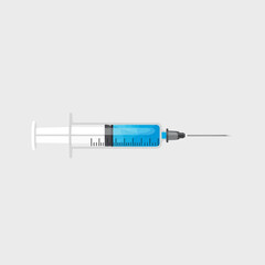 Fototapeta premium Medical Syringe with Blue Liquid and Needle on Gray Background - Healthcare Concept